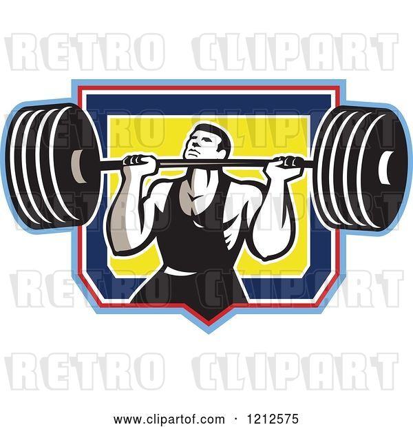 Vector Clip Art of Retro Strong Bodybuilder Lifting a Barbell over a Shield