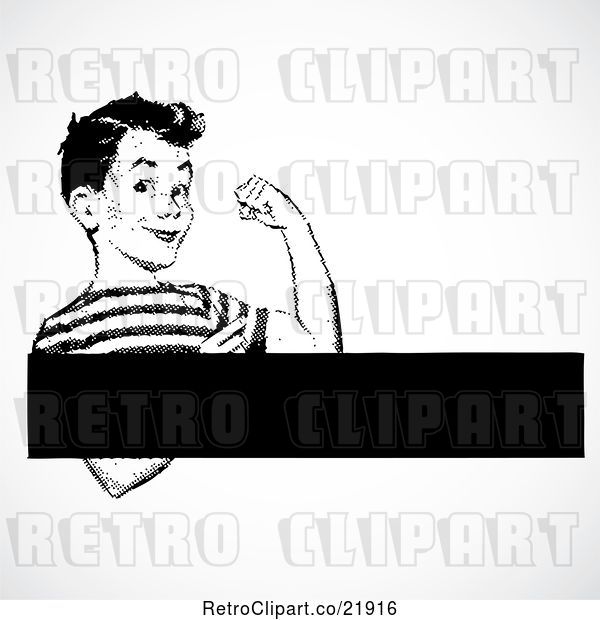 Vector Clip Art of Retro Strong Boy Flexing with a Text Box