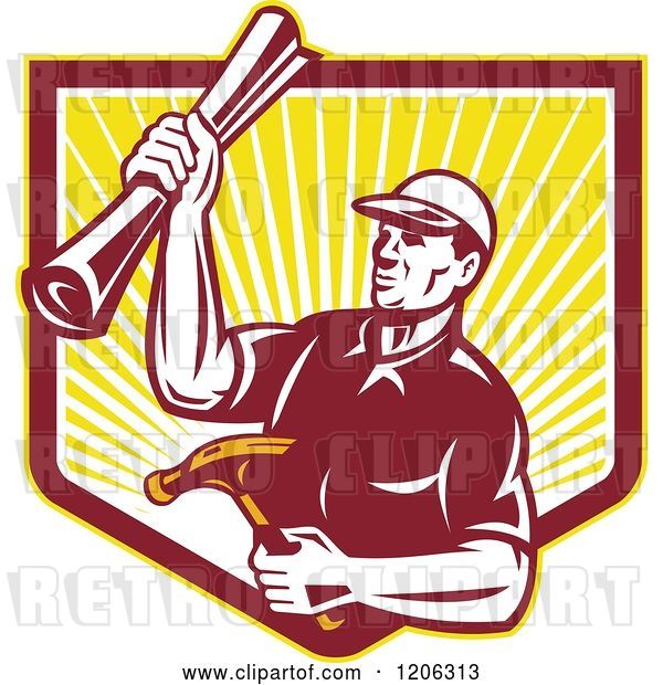 Vector Clip Art of Retro Strong Carpenter Guy Holding a Hammer and Blueprints over a Ray Shield Crest