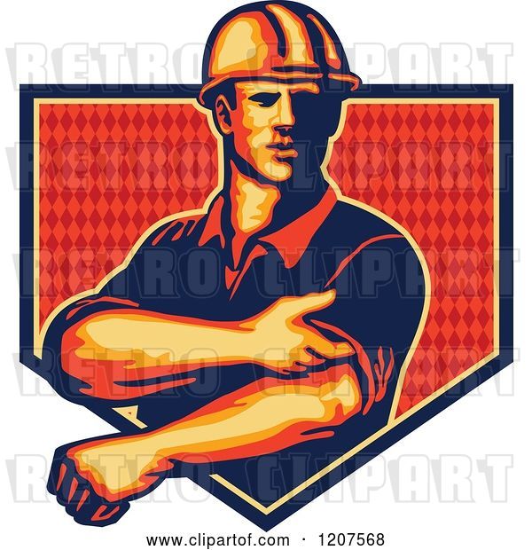 Vector Clip Art of Retro Strong Construction Worker Rolling up His Sleeves over a Diamond Patterned Shield