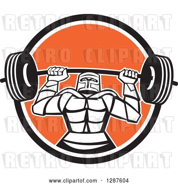 Vector Clip Art of Retro Strong Knight Working out with a Barbell in a Black White and Orange Circle