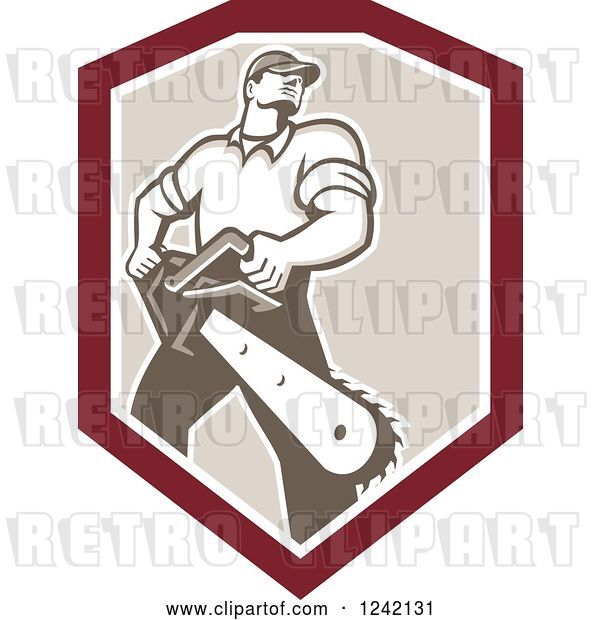 Vector Clip Art of Retro Strong Male Arborist with a Chainsaw in a Shield