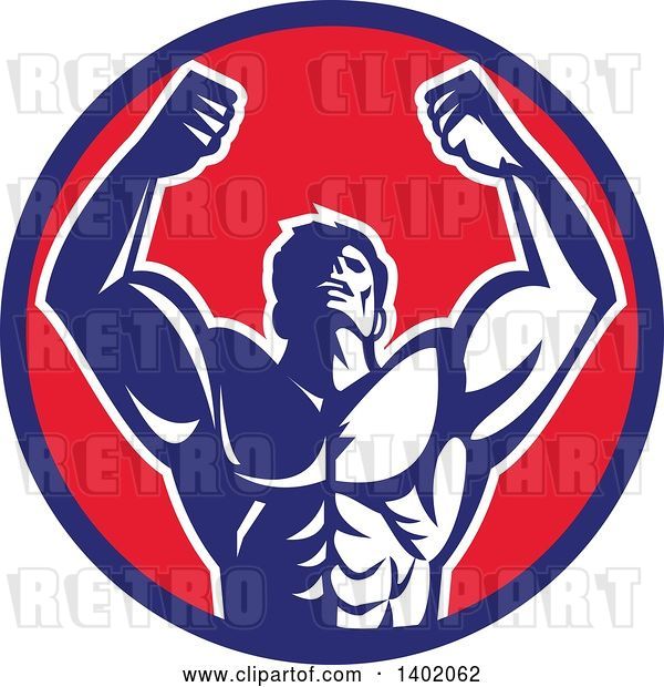 Vector Clip Art of Retro Strong Male Bodybuilder Holding His Arms up and Flexing in a Blue Red and White Circle
