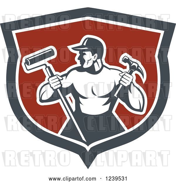 Vector Clip Art of Retro Strong Male Painter or Handy Guy in a Shield
