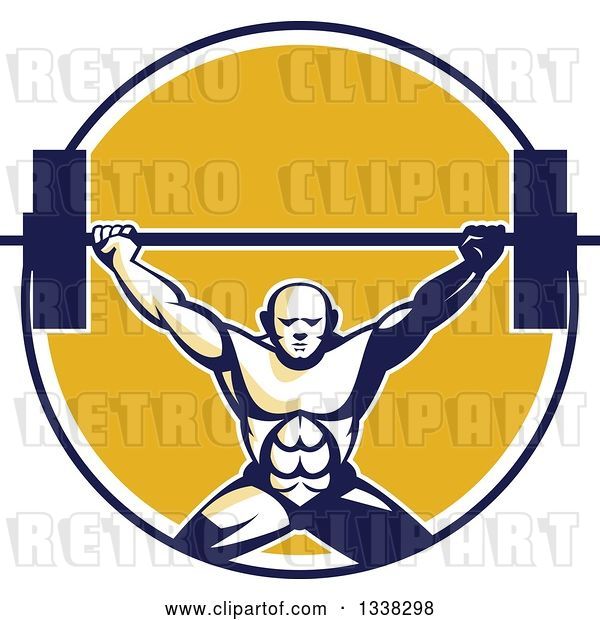 Vector Clip Art of Retro Strongman Bodybuilder Lifting a Barbell over His Head in a Blue White and Yellow Circle