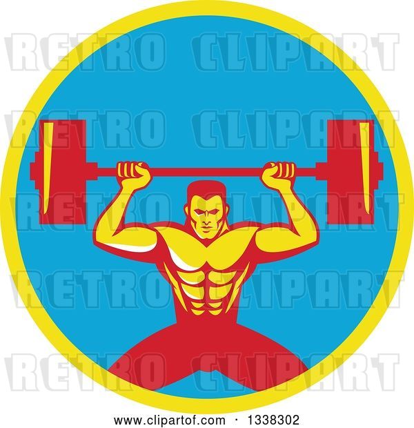 Vector Clip Art of Retro Strongman Bodybuilder Lifting a Barbell over His Head in a Yellow and Blue Circle