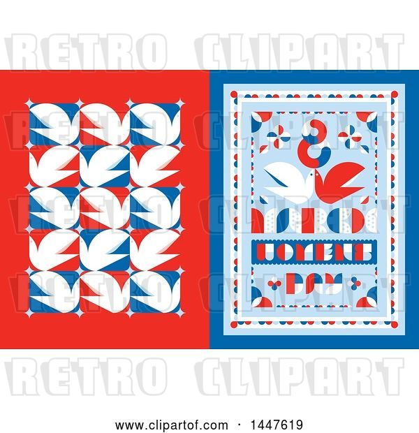 Vector Clip Art of Retro Styled 8th of March International Womens Day Design with Red White and Blue Doves
