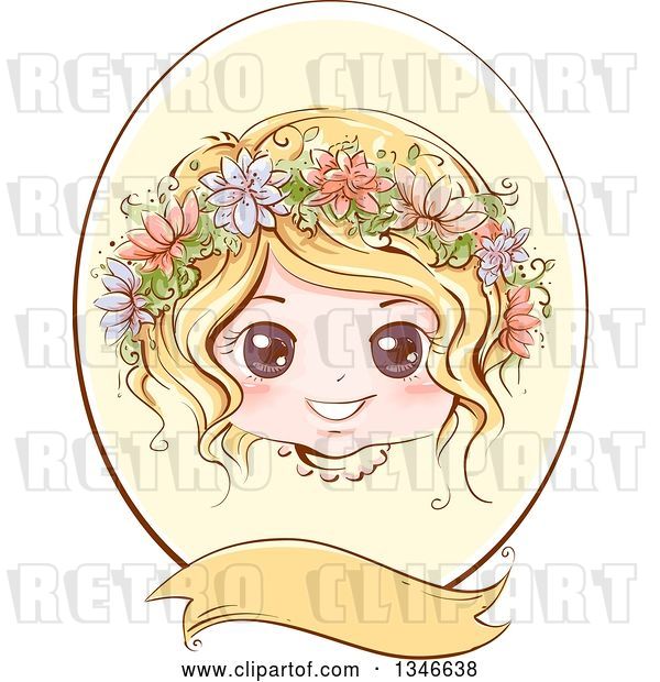 Vector Clip Art of Retro Styled Blond White Girl with Flowers in Her Hair, Inside an Oval Frame with a Blank Banner