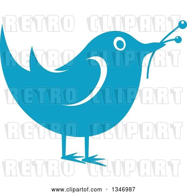 Vector Clip Art of Retro Styled Blue Bird with Flower Buds