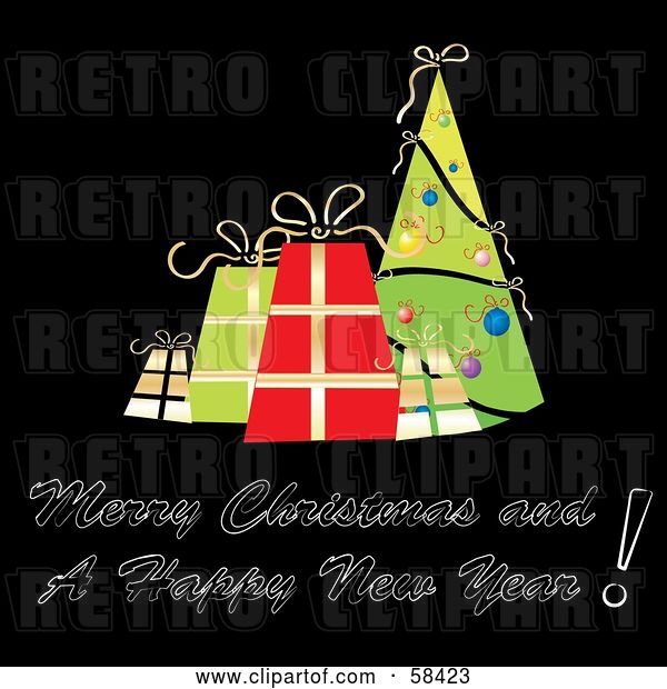 Vector Clip Art of Retro Styled Christmas Greeting with Presents and a Tree on Black