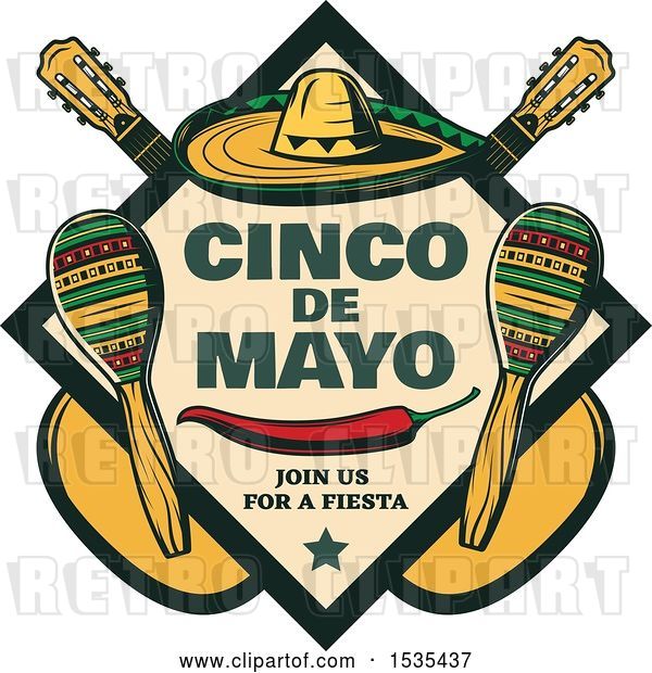 Vector Clip Art of Retro Styled Cinco De Mayo Design with a Sombrero, Pepper, Guitars and Maracas