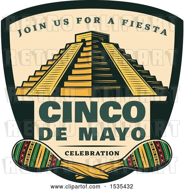 Vector Clip Art of Retro Styled Cinco De Mayo Design with El Castillo Pyramid and Maracas