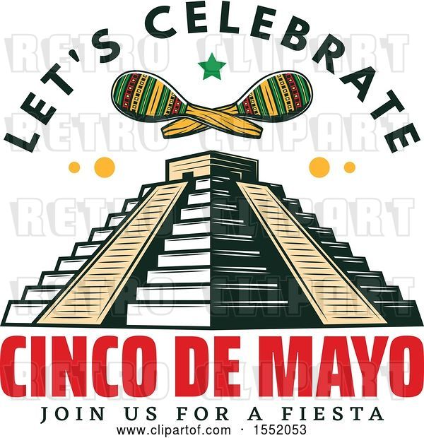Vector Clip Art of Retro Styled Cinco De Mayo Design with El Castillo Pyramid and Maracas