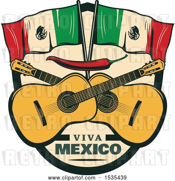Vector Clip Art of Retro Styled Cinco De Mayo Design with Mexican Flags, Guitars and a Red Pepper
