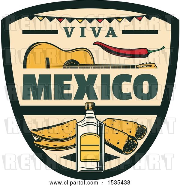 Vector Clip Art of Retro Styled Cinco De Mayo Viva Mexico Design with a Guitar, Pepper, Tequila and Food