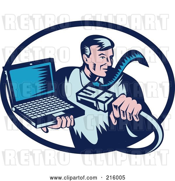 Vector Clip Art of Retro Styled Computer Repair Guy with a Cable and Laptop