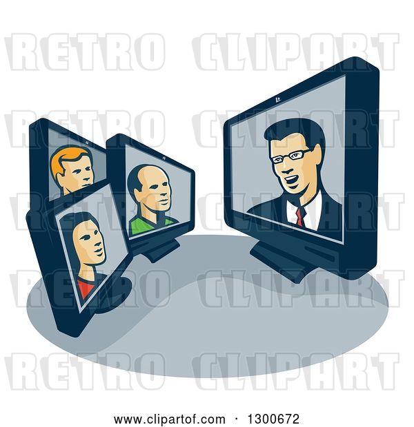 Vector Clip Art of Retro Styled Computer Screens with Poeple Having a Conference