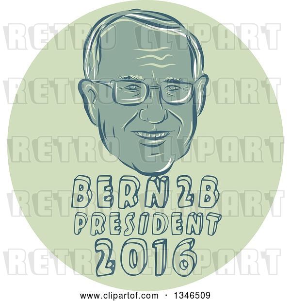 Vector Clip Art of Retro Styled Face of Bernie Sanders, Democratic 2016 Presidential Candidate with Text in a Green Circle