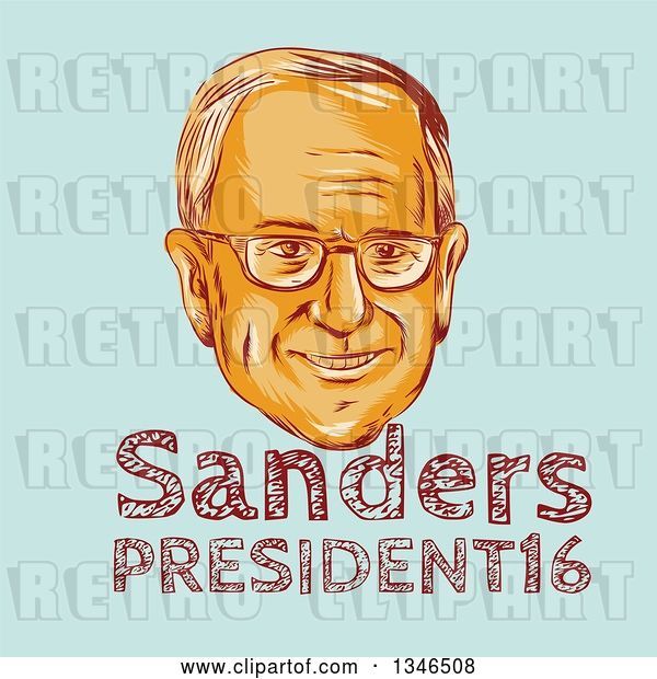 Vector Clip Art of Retro Styled Face of Bernie Sanders, Democratic 2016 Presidential Candidate with Text over Blue