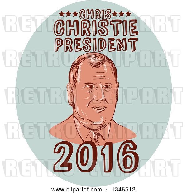 Vector Clip Art of Retro Styled Face of Chris Christie, 2016 Presidential Candidate, with Text in a Pastel Oval