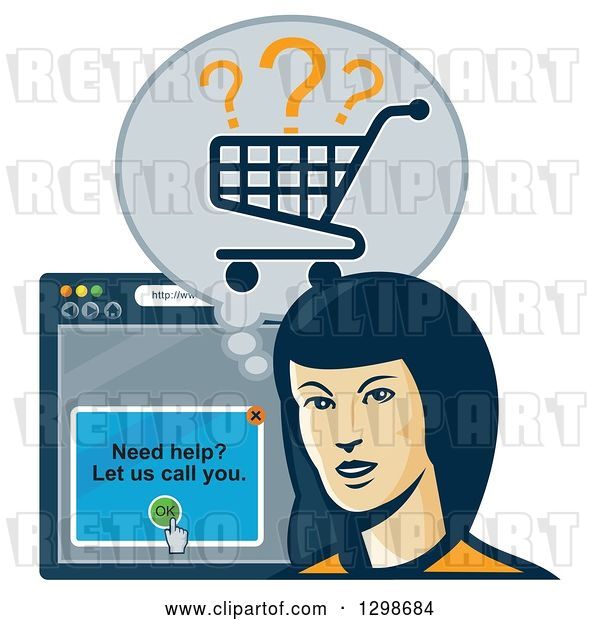 Vector Clip Art of Retro Styled Female Shopper with a Cart and Internet Browser