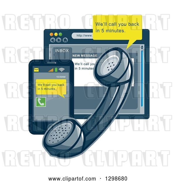 Vector Clip Art of Retro Styled Landline Telephone, Smart Phone and Internet Browser with Customer Service Notices