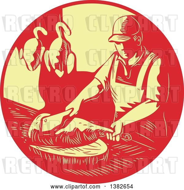 Vector Clip Art of Retro Styled Male Asian Chef or Butcher Chopping Meat in a Red and Yellow Circle