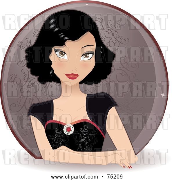 Vector Clip Art of Retro Stylish Asian Lady in a Black Dress over a Purple Circle