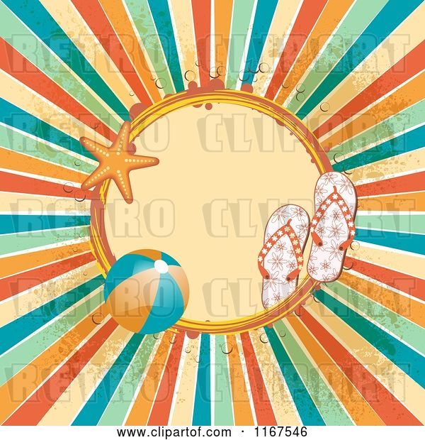 Vector Clip Art of Retro Summer Frame with Sandals a Beach Ball Starfish Grunge and Rays