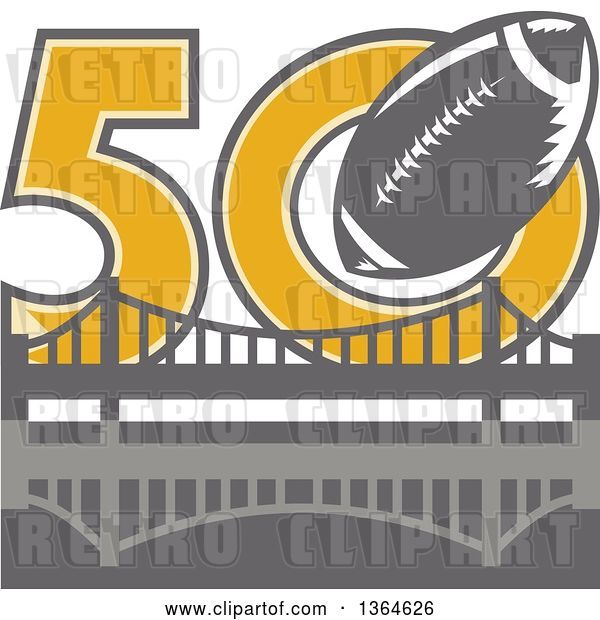 Vector Clip Art of Retro Super Bowl 50 Sports Design with a Gray Football over the Golden Gate Bridge