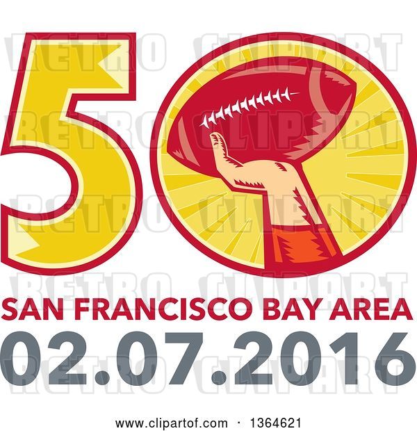 Vector Clip Art of Retro Super Bowl 50 Sports Design with a Woodcut Hand Holding up a Football Above Text