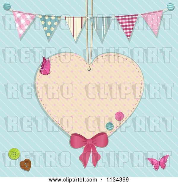 Vector Clip Art of Retro Suspended Heart with Buttons and Buntings over Blue