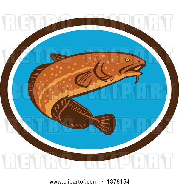 Vector Clip Art of Retro Swimming Burbot Fish in a Brown White and Blue Oval