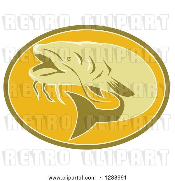 Vector Clip Art of Retro Swimming Catfish in a Green and Orange Oval