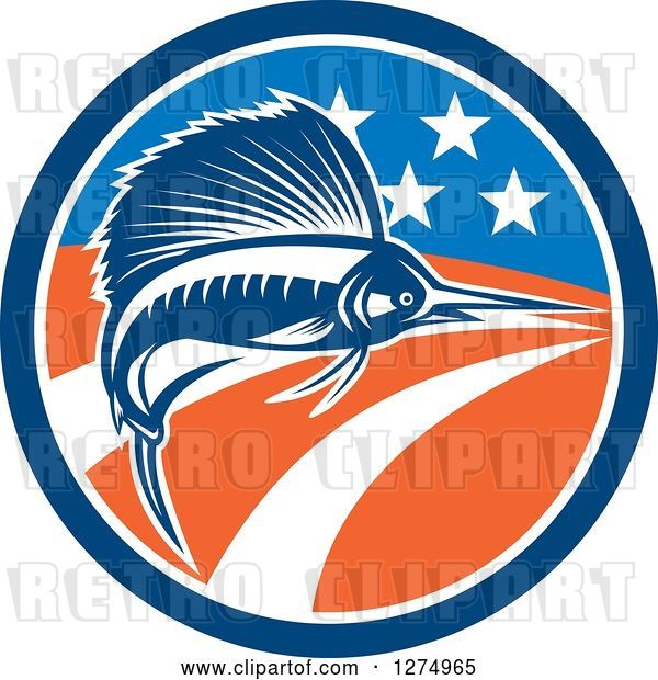 Vector Clip Art of Retro Swimming Marlin Fish in an American Flag Circle