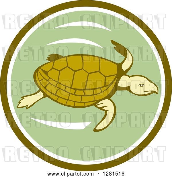 Vector Clip Art of Retro Swimming Sea Turtle in a Green and White Circle