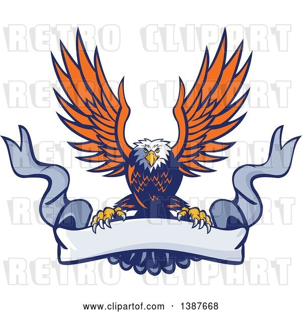 Vector Clip Art of Retro Swooping Orange and Blue Bald Eagle Grasping a Blank Ribbon Banner