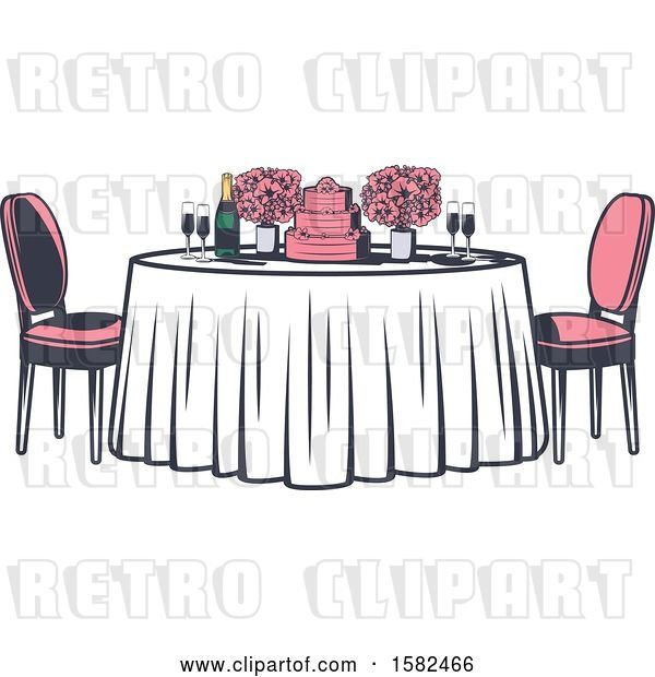 Vector Clip Art of Retro Table with Flowers and a Wedding Cake