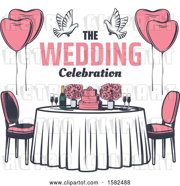 Vector Clip Art of Retro Table with Flowers, Doves, Balloons, Text and a Wedding Cake