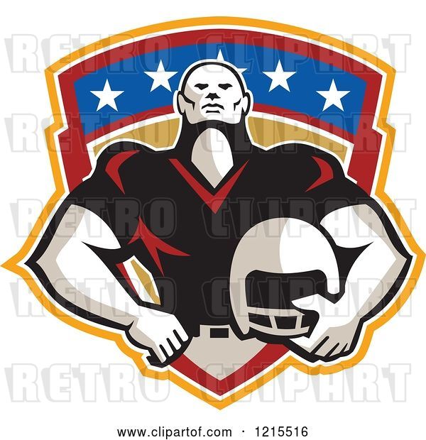 Vector Clip Art of Retro Tackle Linebacker American Football Player Holding a Helmet over a Shield