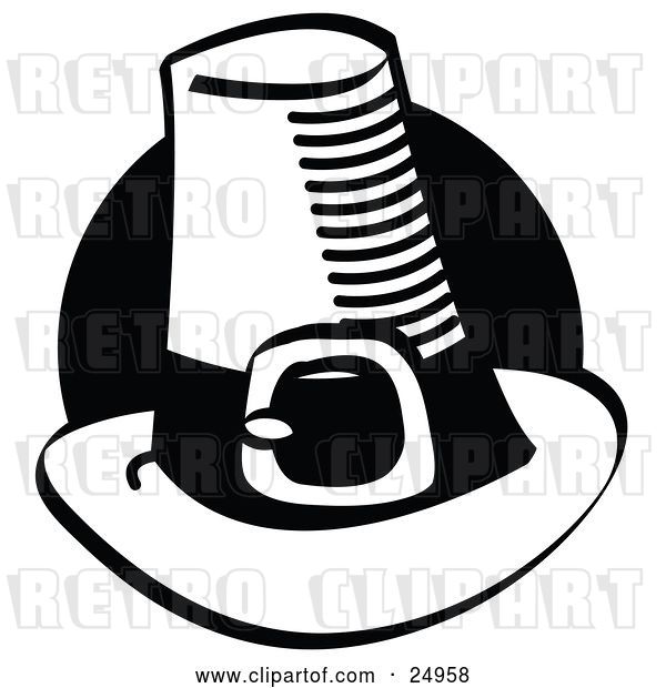 Vector Clip Art of Retro Tall Pilgrim Hat with a Buckle Around the Base, in Front of a Black Circle