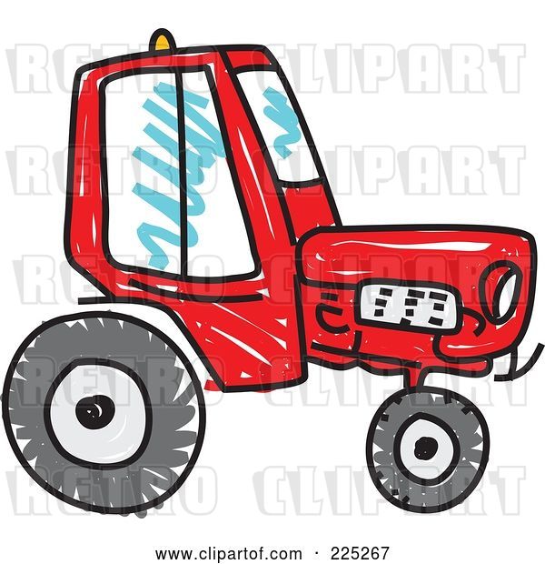 Vector Clip Art of Retro Tall Red Sketched Tractor