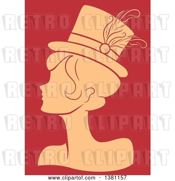 Vector Clip Art of Retro Tan Silhouetted Burlesque Lady Wearing a Hat over Red