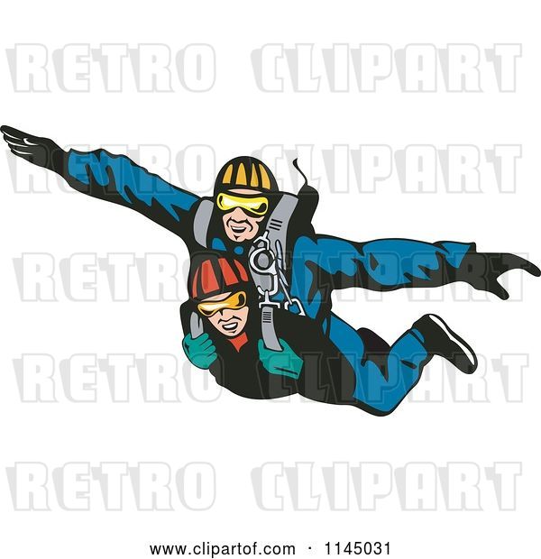 Vector Clip Art of Retro Tandem Skydivers Free Falling