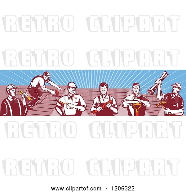 Vector Clip Art of Retro Team of Tradesmen Professional Workers and Roofs over Rays