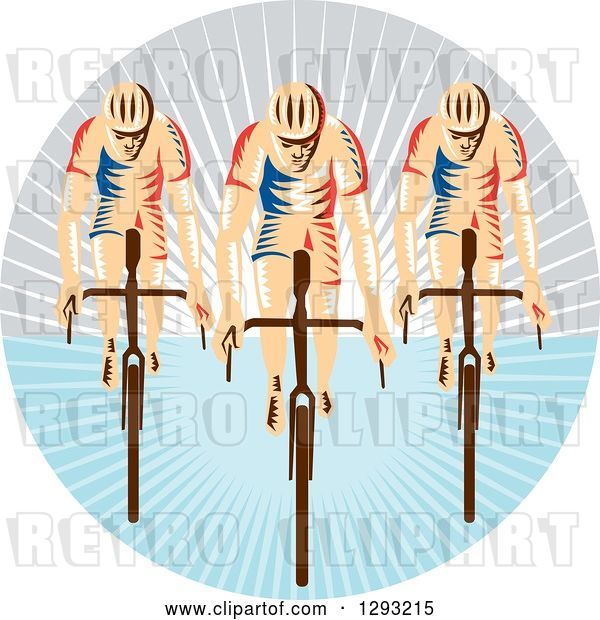 Vector Clip Art of Retro Team of Woodcut Cyclists in a Circle of Sunshine
