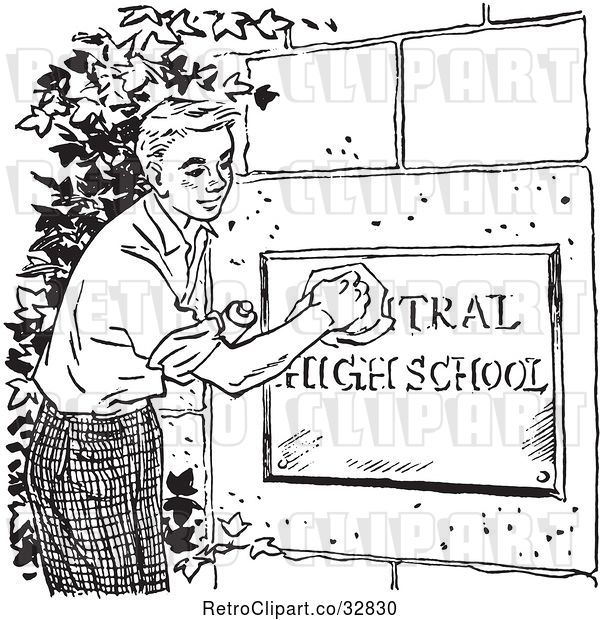 Vector Clip Art of Retro Teenage Boy Polishing a High School Sign