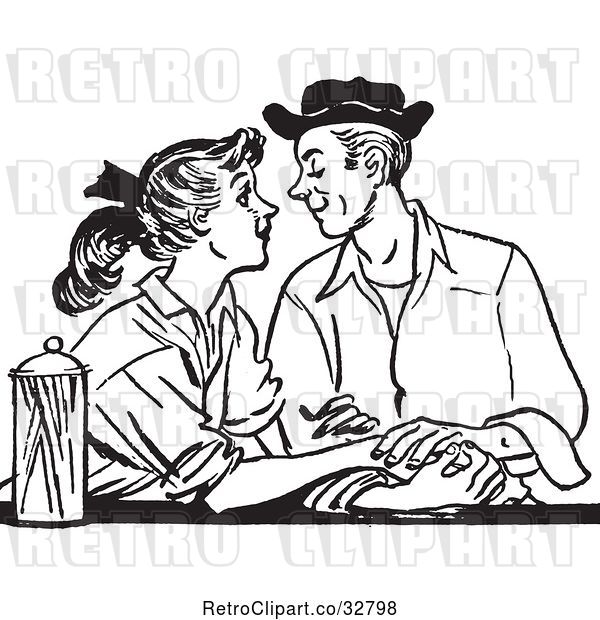 Vector Clip Art of Retro Teenage Couple Gazing at a Diner in