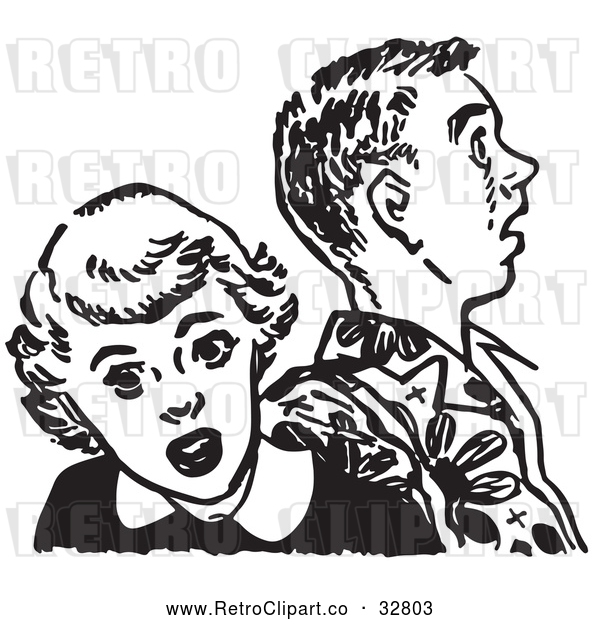 Vector Clip Art of Retro Teenage Couple Looking Shocked in Black and White