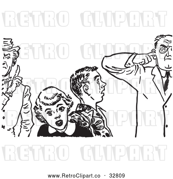 Vector Clip Art of Retro Teenage Couple Shocked at Strict Fathers in Black and White